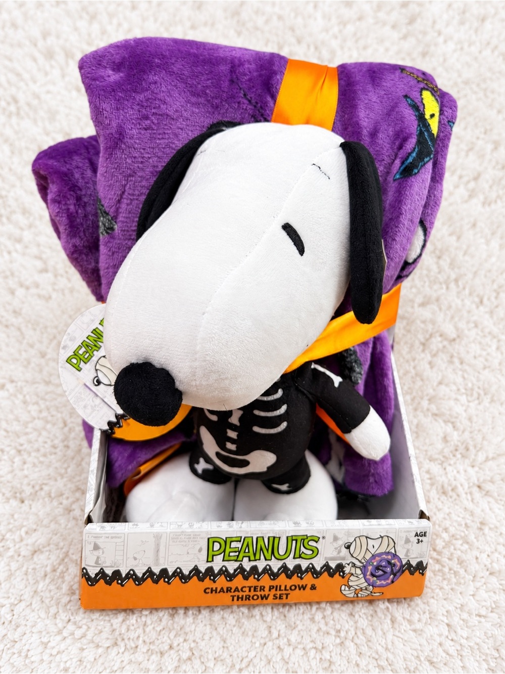 Peanuts Snoopy Halloween Skeleton Character Pillow & Purple Throw Set NWT